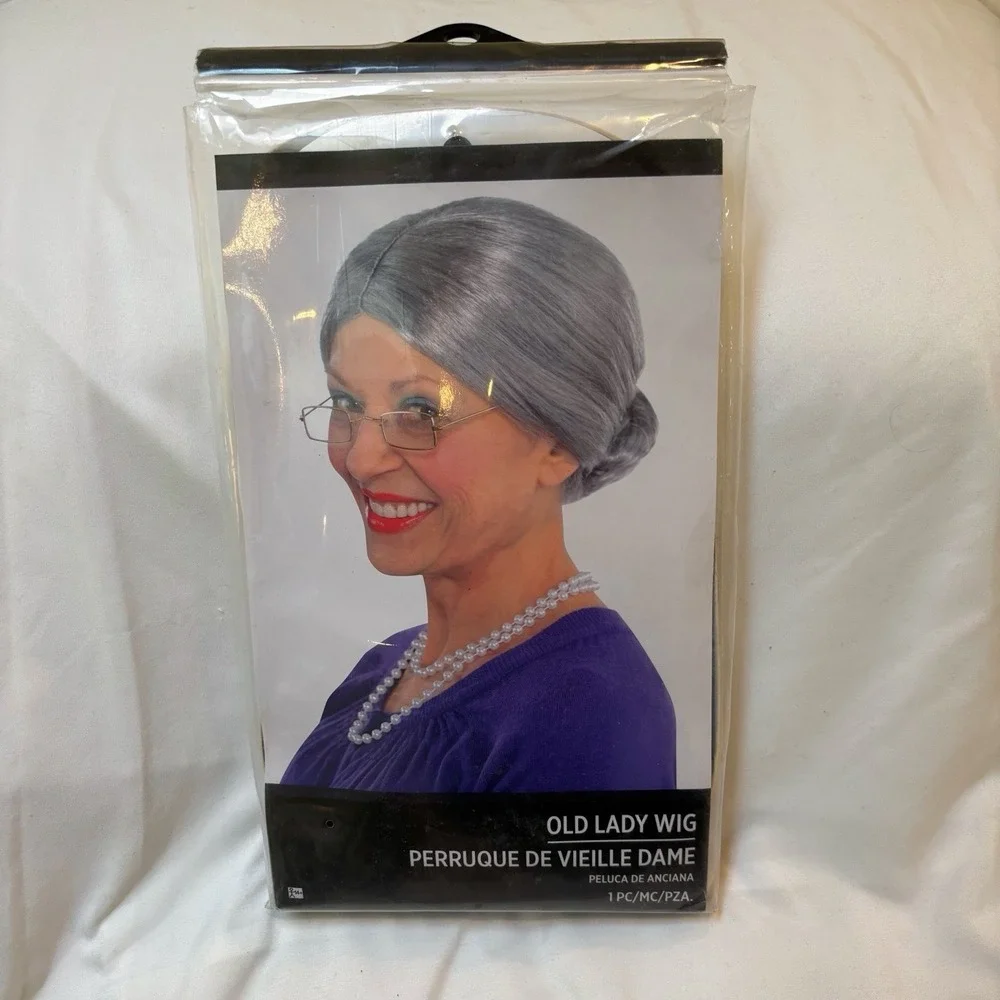 Old Lady Wig Costume Straight Gray Hair In Bun Halloween Theater NEW